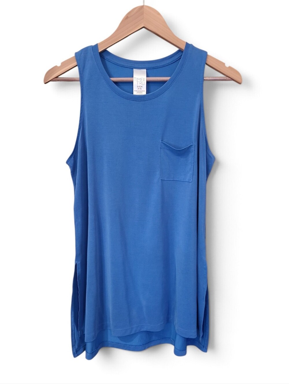 Women's Time & Tru Blue Sleeveless Pocket Tank Top Side Slit Tunic Small 4-6